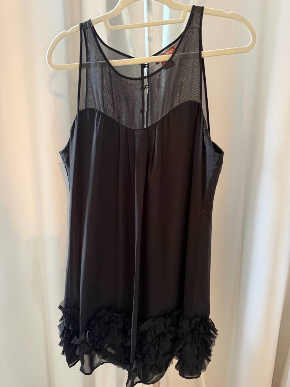 Women’s Black Mini Dress with Mesh Yoke and Ruffle Hem